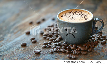 Cup of coffee with sad face emoji surrounded by coffee beans on a rustic wooden table. Cup of coffee with sad face emoji surrounded by coffee beans on a rustic wooden table. 122978515