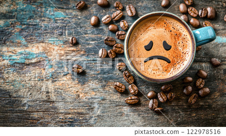 Coffee cup with a sad face emoji on frothy surface surrounded by coffee beans on a rustic wooden table, top view, copy space. Coffee cup with a sad face emoji on frothy surface surrounded by coffee beans on a rustic wooden table, top view, copy space. 122978516