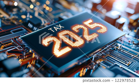 A futuristic and abstract digital background featuring a holographic matrix with a glowing golden tax symbol representing the interconnected nature of technology finance and the digital economy A futuristic and abstract digital background featuring a holographic matrix with a glowing golden tax symbol representing the interconnected nature of technology finance and the digital economy 122978528