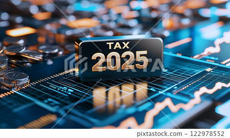 Floating 2025 Tax Text in Metallic Gold Illuminated on Abstract Digital Finance Background Representing Future Economic and Financial Trends Opportunities and Uncertainties 122978552