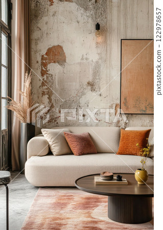 Modern living room with beige sofa, rustic wall, and decorative elements in a cozy contemporary design. 122978657