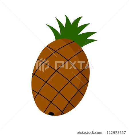 Flat illustration of brown pineapple with black lines and green spiky leaves. Flat illustration of brown pineapple with black lines and green spiky leaves. 122978837