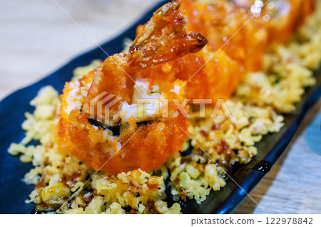 Top view of Salmon rolls, Delicious sushi with Shrimp fillet, focus selective 122978842