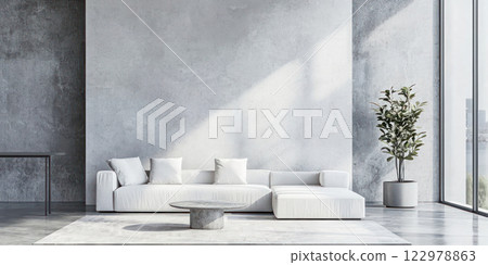 Modern minimalist living room with white sofa, concrete coffee table, and potted plant in a bright open space. 122978863