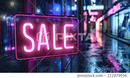 Glowing neon sale sign on a textured grunge wall background for commercial advertising. 122979056
