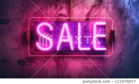 Glowing neon sale sign on a textured grunge wall background for commercial advertising. 122979057