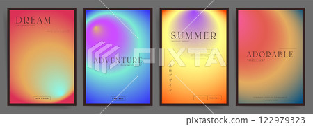 Dreamy gradient abstract poster set. Minimalist modern backgrounds with dark and brutalist colors, geometric elements, and smooth fluid transitions. 122979323