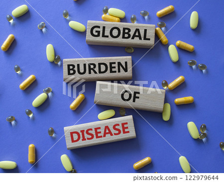Global Burden of Disease symbol. Concept word Global Burden of Disease on wooden blocks. Beautiful purple background with pills. Medicine Global Burden of Disease concept. Copy space 122979644