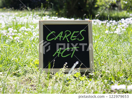 Cares Act symbol. Blackboard with words Cares Act. Beautiful meadow background. Business and Cares Act concept. Copy space. Cares Act symbol. Blackboard with words Cares Act. Beautiful meadow background. Business and Cares Act concept. Copy space. 122979653