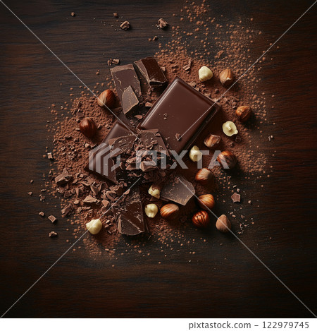 Dark chocolate bar with hazelnuts and cocoa powder on a wooden surface. Crushed pieces and scattered nuts create a rich composition, highlighting the texture and deep tones of the ingredients 122979745