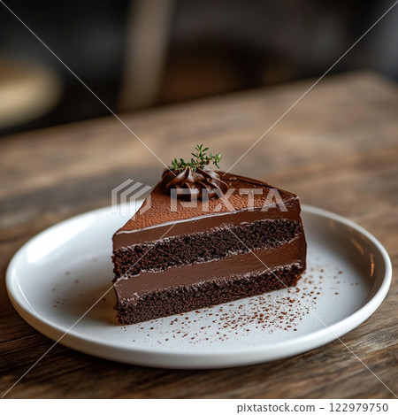 A chocolate cake slice with two layers of creamy ganache, topped with a swirl of chocolate cream and a small sprig of thyme. Plated elegantly on a white dish with cocoa dusting 122979750