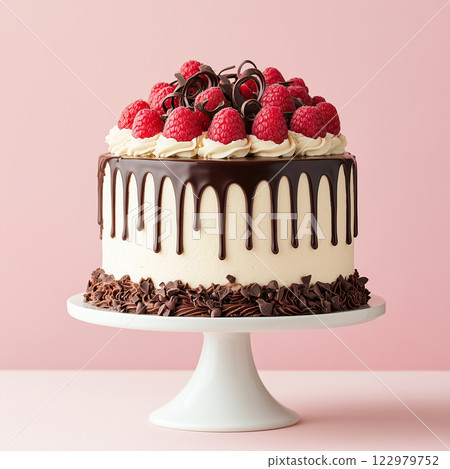 Vanilla cake with chocolate ganache drip, topped with fresh raspberries and chocolate curls. The layered dessert sits on a white cake stand with a pink background. Ideal for pastry shop advertising 122979752
