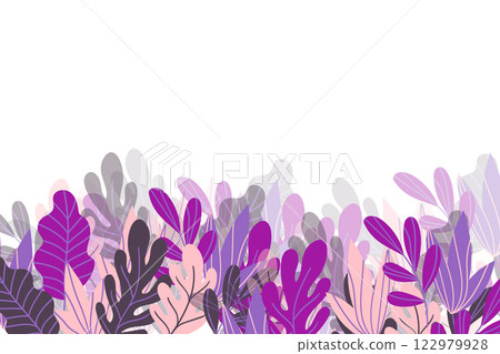 Floral frame with colorful exotic branches on white background. Ornate border with tropic leaves. Vector stock illustration for wallpaper, posters, card. Doodle style. Copy space. 122979928