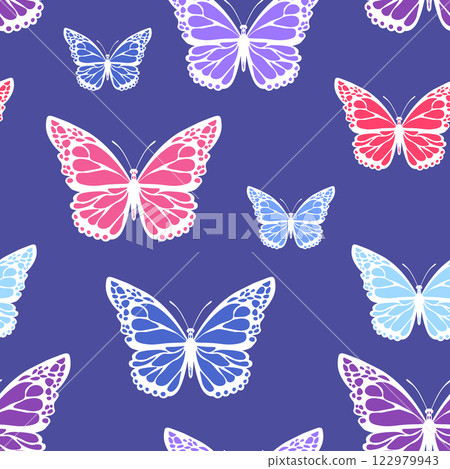 Seamless pattern with funny colorful Butterflies, flowers. Color flat vector illustration for invitation, poster, card, textile, fabric. Butterfly graphic design print. Trendy animal motif wallpaper Seamless pattern with funny colorful Butterflies, flowers. Color flat vector illustration for invitation, poster, card, textile, fabric. Butterfly graphic design print. Trendy animal motif wallpaper 122979943