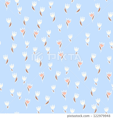 Spring colorful vector illustration with tulips. Cartoon style. Simple minimalistic pattern with nature elements. Vector illustration for fabric, textile, poster, invitation 122979948