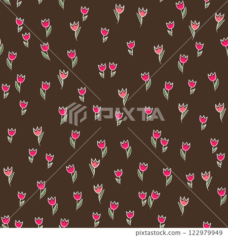 Spring colorful vector illustration with tulips. Cartoon style. Simple minimalistic pattern with nature elements. Vector illustration for fabric, textile, poster, invitation Spring colorful vector illustration with tulips. Cartoon style. Simple minimalistic pattern with nature elements. Vector illustration for fabric, textile, poster, invitation 122979949