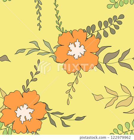 Seamless floral pattern based on traditional folk art ornaments. Colorful flowers on color background. Scandinavian style. Sweden nordic style. Vector illustration. Simple minimalistic pattern 122979962