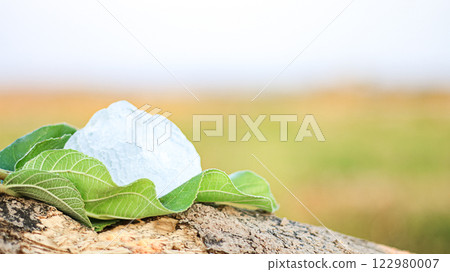 Pieces of alum stone on green leaf against blurred background. The connection between natural minerals and plant based ingredients in traditional practices and holistic wellness. 122980007