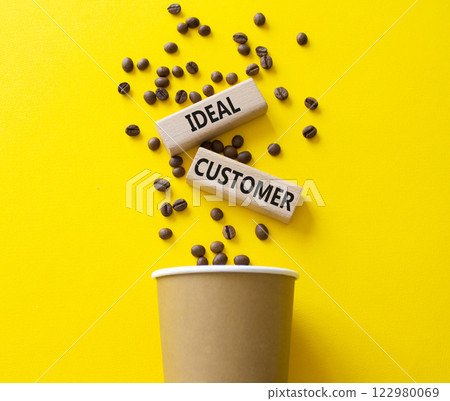 Ideal Customer symbol. Concept word Ideal Customer on wooden blocks. Beautiful yellow background with coffee cup. Business and Ideal Customer concept. Copy space Ideal Customer symbol. Concept word Ideal Customer on wooden blocks. Beautiful yellow background with coffee cup. Business and Ideal Customer concept. Copy space 122980069