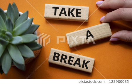 Take a break symbol. Concept words Take a break on wooden blocks with succulent plant. Businessman hand. Beautiful orange background. Business and Take a break concept. Copy space. Take a break symbol. Concept words Take a break on wooden blocks with succulent plant. Businessman hand. Beautiful orange background. Business and Take a break concept. Copy space. 122980085
