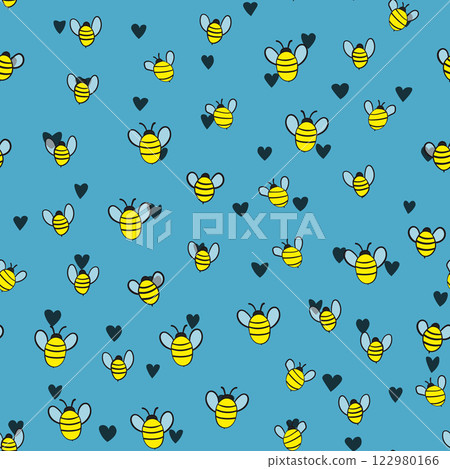 Seamless pattern with bees on color background. Small wasp. Vector illustration. Adorable cartoon character. Template design for invitation, cards, textile, fabric. Doodle style Seamless pattern with bees on color background. Small wasp. Vector illustration. Adorable cartoon character. Template design for invitation, cards, textile, fabric. Doodle style 122980166