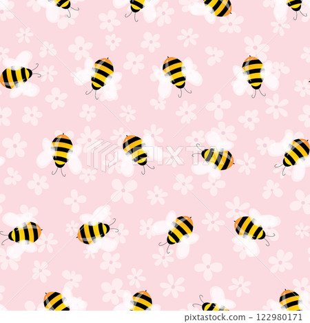 Seamless pattern with bees and flowers on color background. Small wasp. Vector illustration. Adorable cartoon character. Template design for invitation, cards, textile, fabric. Doodle style 122980171