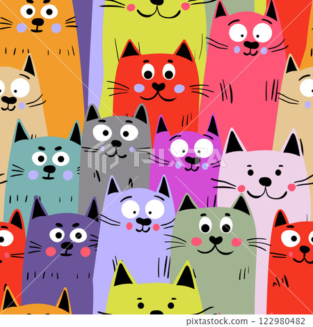 Seamless pattern with cute kitten print. Different scandy cats on color background. Scandinavian style illustration for kids. Vector illustration for fabric, textile, wallpaper, home clothing, pajama 122980482