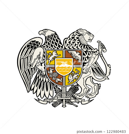 Coat or arms of Armenia. Armenian national symbol in official colors. Template icon. Abstract vector illustration Coat or arms of Armenia. Armenian national symbol in official colors. Template icon. Abstract vector illustration 122980483