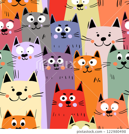 Seamless pattern with cute kitten print. Different scandy cats on color background. Scandinavian style illustration for kids. Vector illustration for fabric, textile, wallpaper, home clothing, pajama Seamless pattern with cute kitten print. Different scandy cats on color background. Scandinavian style illustration for kids. Vector illustration for fabric, textile, wallpaper, home clothing, pajama 122980498