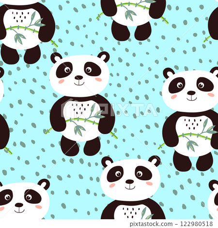 Seamless pattern with cute panda baby on color background. Funny asian animals. Card, postcards for kids. Flat vector illustration for fabric, textile, wallpaper, poster, gift wrapping paper 122980518