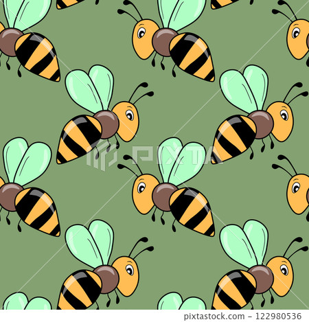 Seamless pattern with bees on color background. Small wasp. Vector illustration. Adorable cartoon character. Template design for invitation, cards, textile, fabric. Doodle style Seamless pattern with bees on color background. Small wasp. Vector illustration. Adorable cartoon character. Template design for invitation, cards, textile, fabric. Doodle style 122980536
