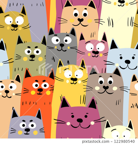 Seamless pattern with cute kitten print. Different scandy cats on color background. Scandinavian style illustration for kids. Vector illustration for fabric, textile, wallpaper, home clothing, pajama 122980540