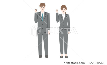 Illustration of a young man and woman in suits doing a fist pump 122980566