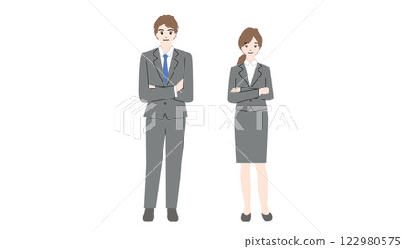 Illustration of a man and woman in suits standing with their arms folded 122980575