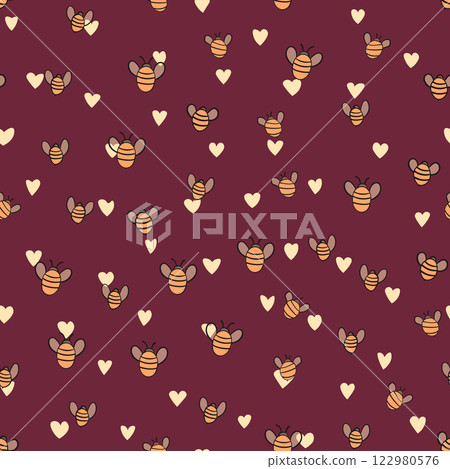 Seamless pattern with bees on color background. Small wasp. Vector illustration. Adorable cartoon character. Template design for invitation, cards, textile, fabric. Doodle style 122980576