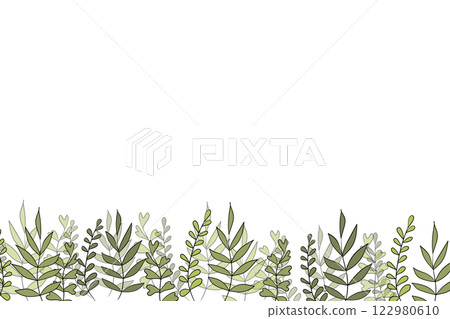 Floral frame with colorful exotic branches on white background. Ornate border with tropic leaves. Vector stock illustration for wallpaper, posters, card. Doodle style. Copy space Floral frame with colorful exotic branches on white background. Ornate border with tropic leaves. Vector stock illustration for wallpaper, posters, card. Doodle style. Copy space 122980610