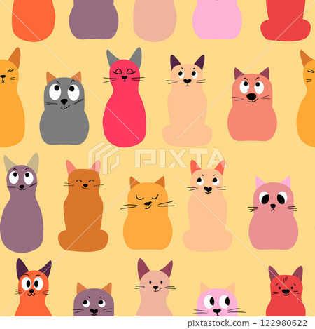 Seamless pattern with cute kitten print. Different scandy cats on color background. Scandinavian style illustration for kids. Vector illustration for fabric, textile, wallpaper, home clothing, pajama 122980622