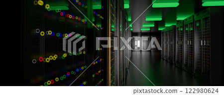 Server room data center. Backup, mining, hosting, mainframe, farm and computer rack with storage information. 3d render 122980624