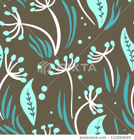 Seamless floral pattern based on traditional folk art ornaments. Colorful flowers on color background. Scandinavian style. Sweden nordic style. Vector illustration. Simple minimalistic pattern 122980689