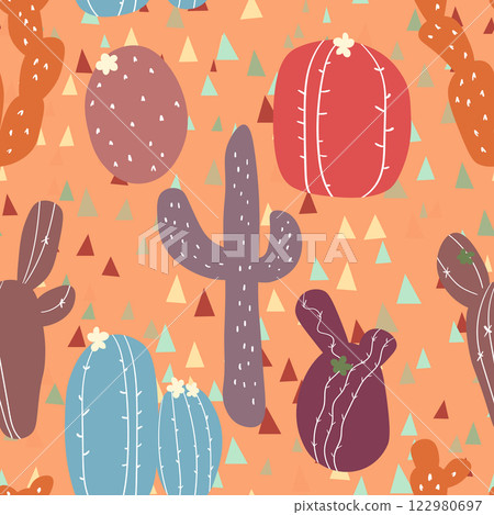 Seamless pattern with cactus with thorns, succulent on color background. Vector drawing illustration for icon, game, packaging, fabric, textile. Wild west, western, cowboy concept 122980697