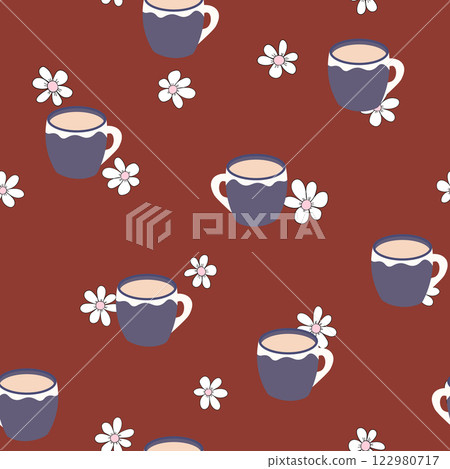 Abstract seamless pattern with color cups. Kitchen doodle background. Design for poster, fabric, textile Abstract seamless pattern with color cups. Kitchen doodle background. Design for poster, fabric, textile 122980717
