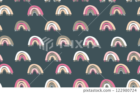 Trendy seamless pattern with colorful rainbow on color background. Design for invitation, poster, card, fabric, textile, fabric. Cute holiday illustration for baby. Scandinavian doodle style 122980724