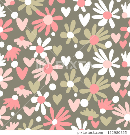 Seamless floral pattern based on traditional folk art ornaments. Colorful flowers on color background. Scandinavian style. Sweden nordic style. Vector illustration. Simple minimalistic pattern 122980835