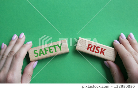 Safety or Risk symbol. Concept word Safety or Risk on wooden blocks. Businessman hand. Beautiful green background. Business and Safety or Risk concept. Copy space 122980880
