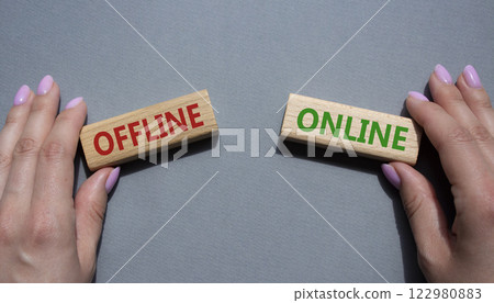 Offline or Online symbol. Concept word Offline or Online on wooden blocks. Businessman hand. Beautiful grey background. Business and Offline or Online concept. Copy space Offline or Online symbol. Concept word Offline or Online on wooden blocks. Businessman hand. Beautiful grey background. Business and Offline or Online concept. Copy space 122980883