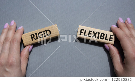 Rigid or Flexible symbol. Concept word Rigid or Flexible on wooden blocks. Businessman hand. Beautiful grey background. Business and Rigid or Flexible concept. Copy space 122980885