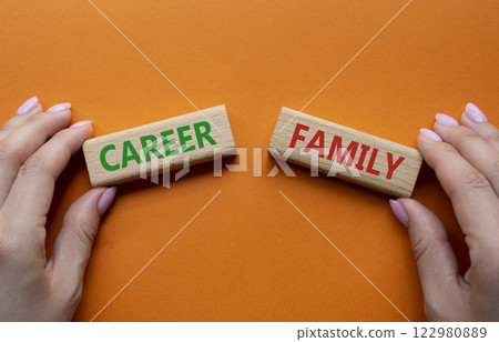 Family or Career symbol. Concept word Family or Career on wooden blocks. Businessman hand. Beautiful orange background. Business and Family or Career concept. Copy space 122980889
