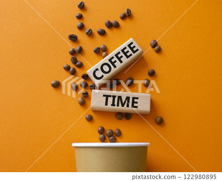 Coffee Time symbol. Concept word Coffee Time on wooden blocks. Beautiful orange background with coffee cup. Business and Coffee Time concept. Copy space Coffee Time symbol. Concept word Coffee Time on wooden blocks. Beautiful orange background with coffee cup. Business and Coffee Time concept. Copy space 122980895