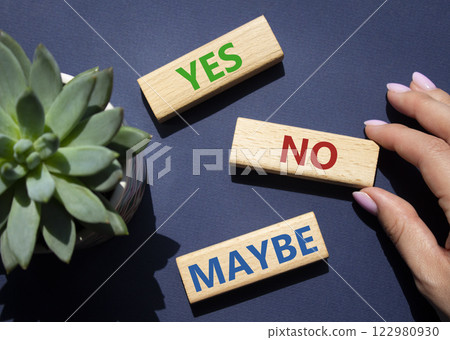 Yes No Maybe symbol. Concept words Yes No Maybe on wooden blocks with succulent plant. Businessman hand. Beautiful deep blue background. Business and Yes No Maybe concept. Copy space. 122980930