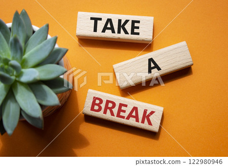 Take a break symbol. Concept words Take a break on wooden blocks with succulent plant. Beautiful orange background. Business and Take a break concept. Copy space. Take a break symbol. Concept words Take a break on wooden blocks with succulent plant. Beautiful orange background. Business and Take a break concept. Copy space. 122980946